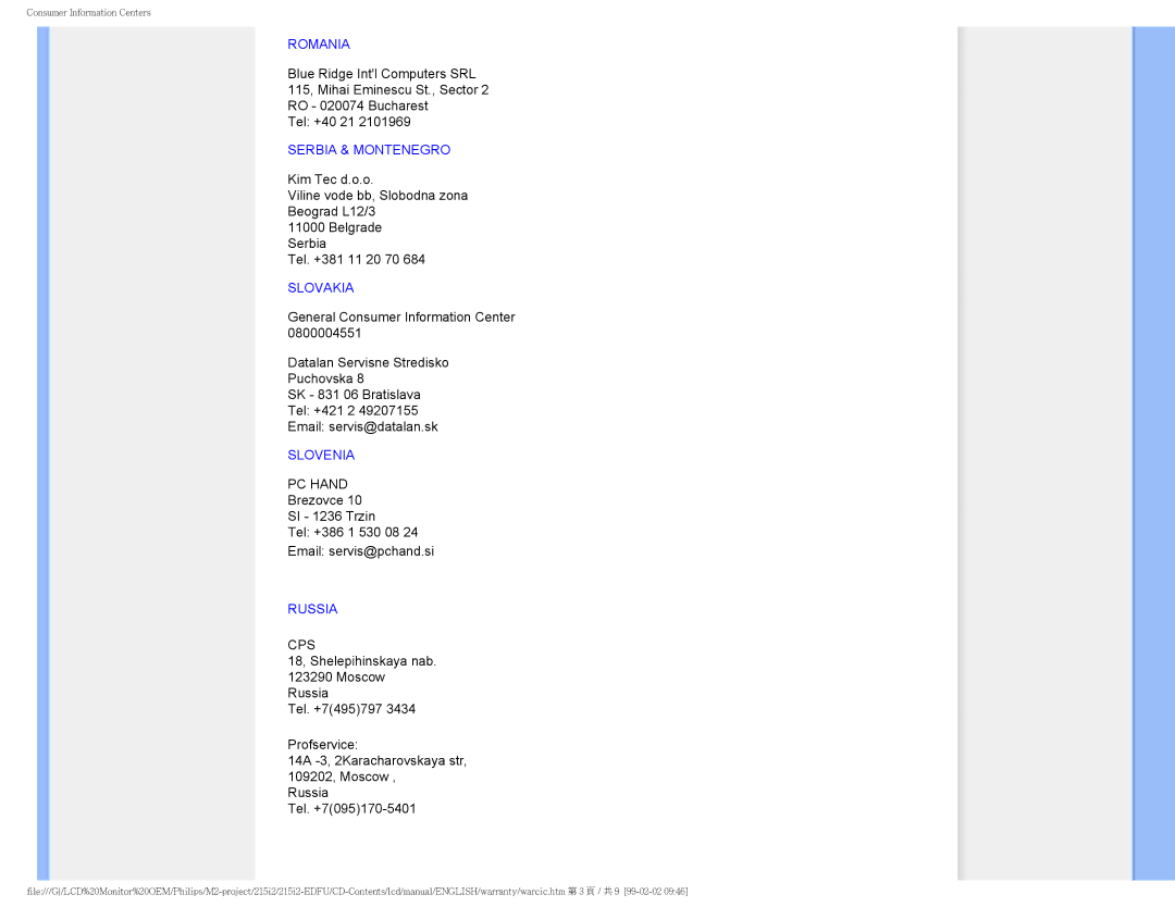 Philips 215I2 user manual Slovenia 