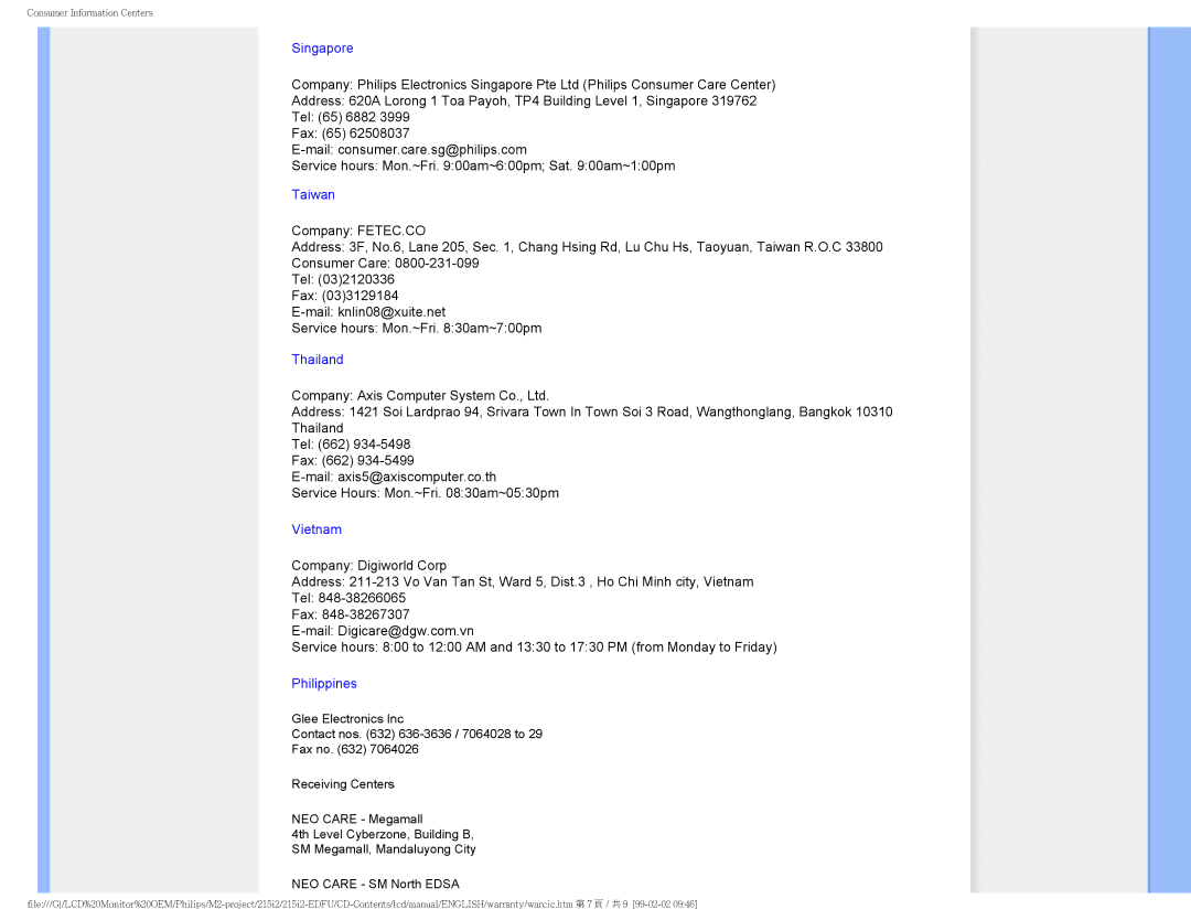 Philips 215I2 user manual Singapore 