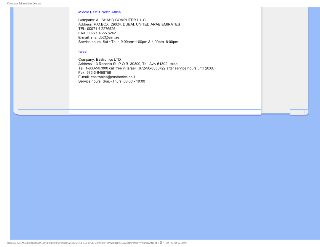 Philips 215I2 user manual Middle East + North Africa 