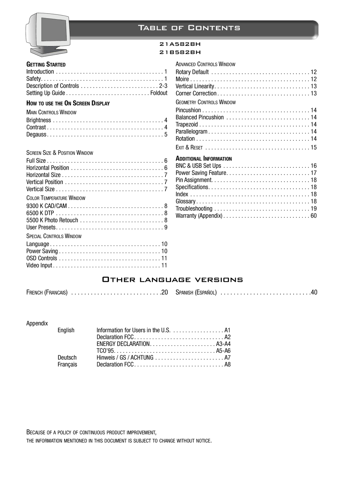 Philips 21B582BH, 21A582BH specifications Table of Contents 