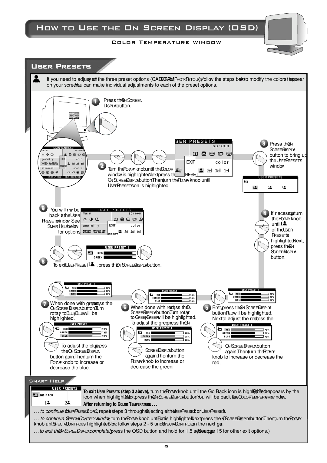 Philips 21A582BH, 21B582BH specifications User Presets, SER P Resets icon is highlighted 