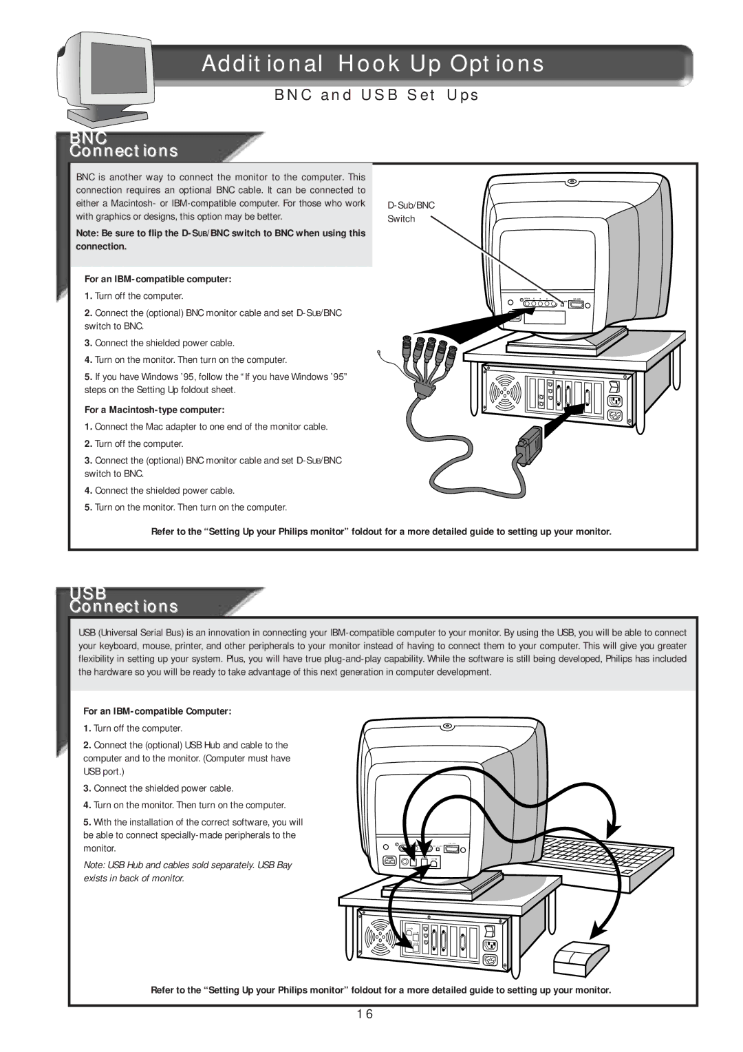 Philips 21B582BH Additional Hook Up Options, Connections, For an IBM-compatible computer, For a Macintosh-type computer 