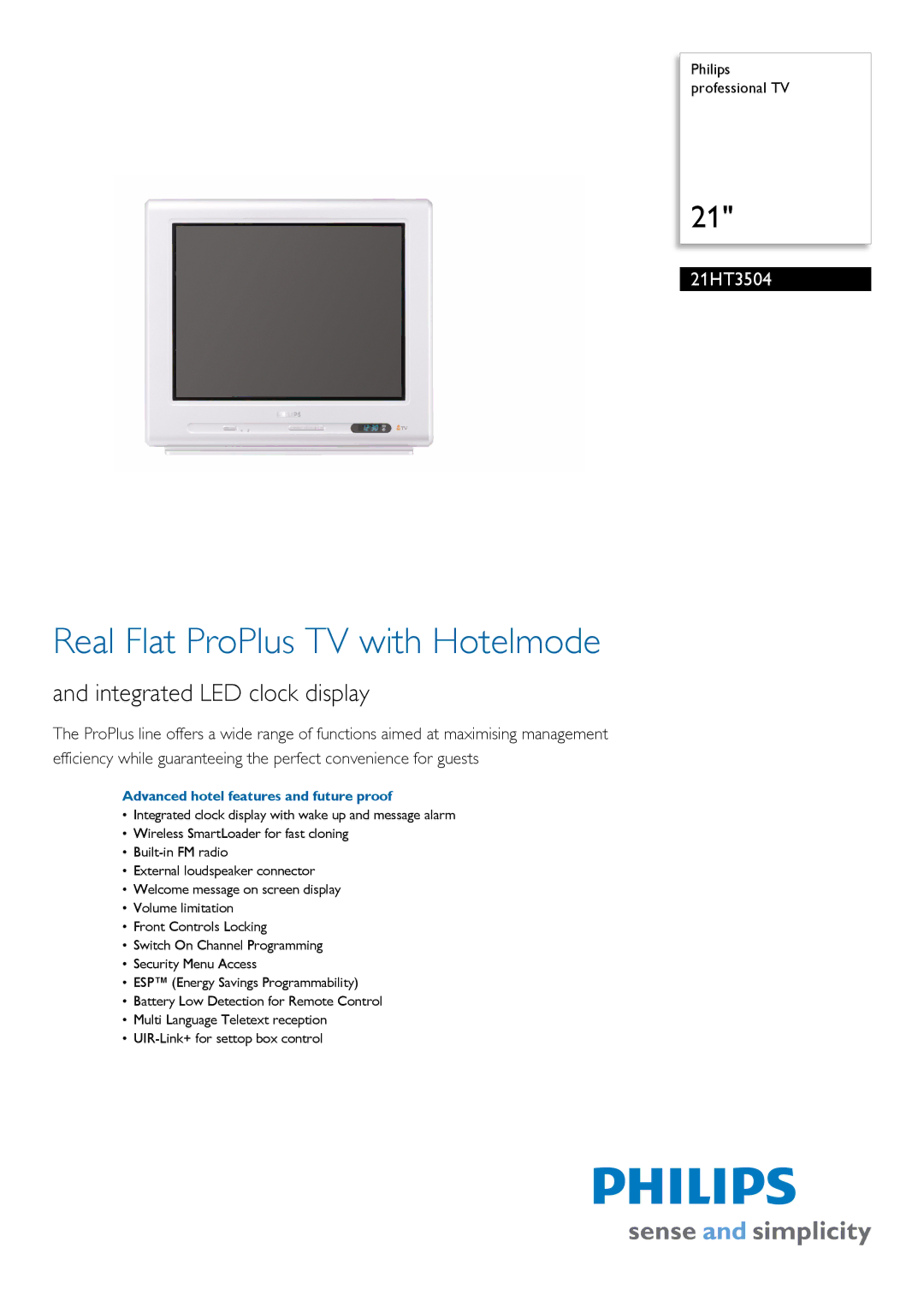 Philips 21HT3504 manual Real Flat ProPlus TV with Hotelmode, Advanced hotel features and future proof 