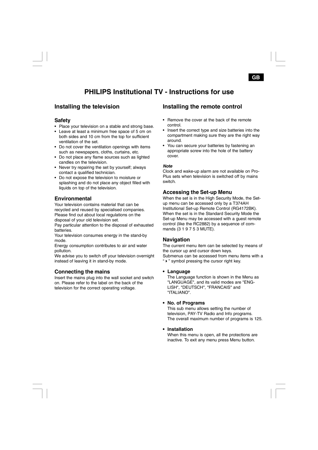 Philips 21HT3504/01 manual Philips Institutional TV Instructions for use, Installing the television 