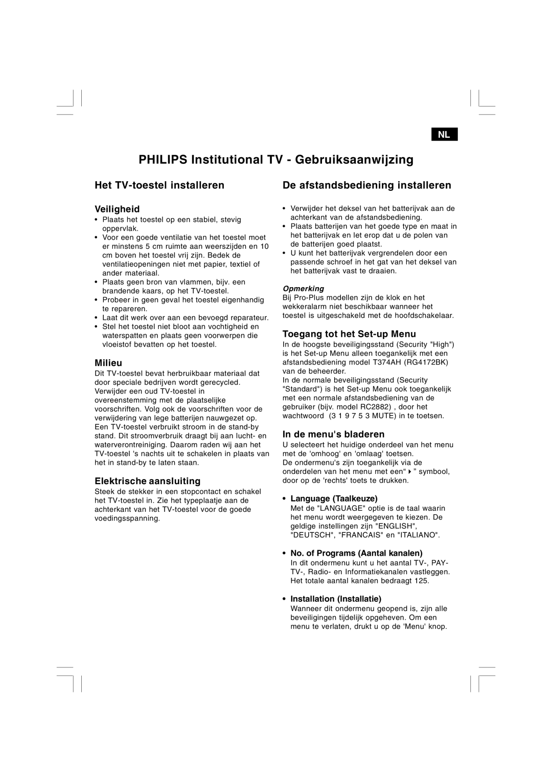 Philips 21HT3504/01 manual Philips Institutional TV Gebruiksaanwijzing 