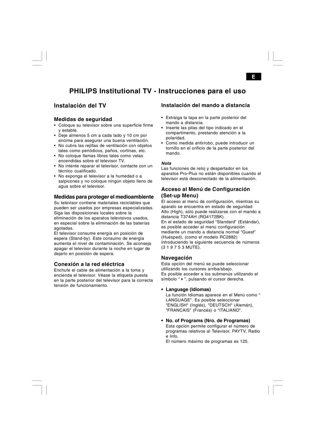 Philips 21HT3504/01 manual Philips Institutional TV Instrucciones para el uso, Instalación del TV 