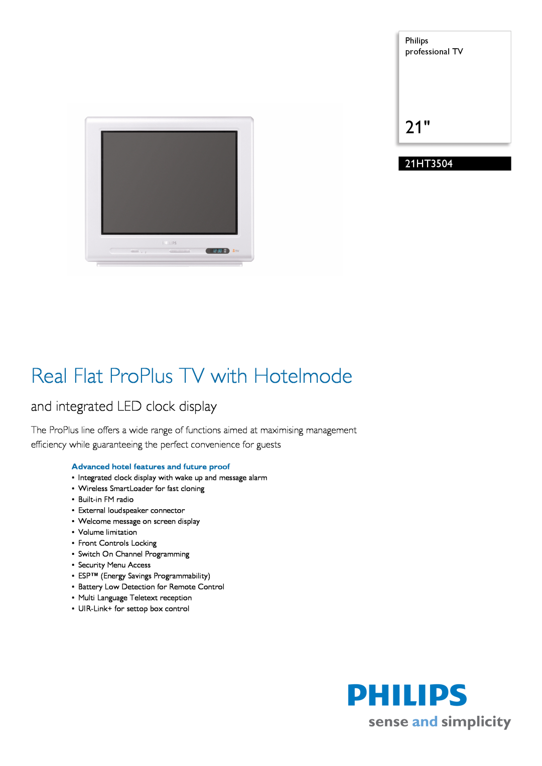 Philips 21HT3504/05 manual Philips professional TV, Real Flat ProPlus TV with Hotelmode, and integrated LED clock display 