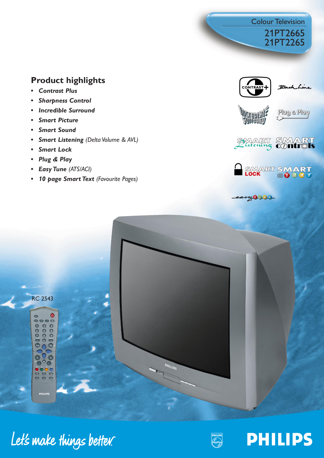 Philips manual 21PT2665 21PT2265, Colour Television, Product highlights, Smart Sound, page Smart Text Favourite Pages 