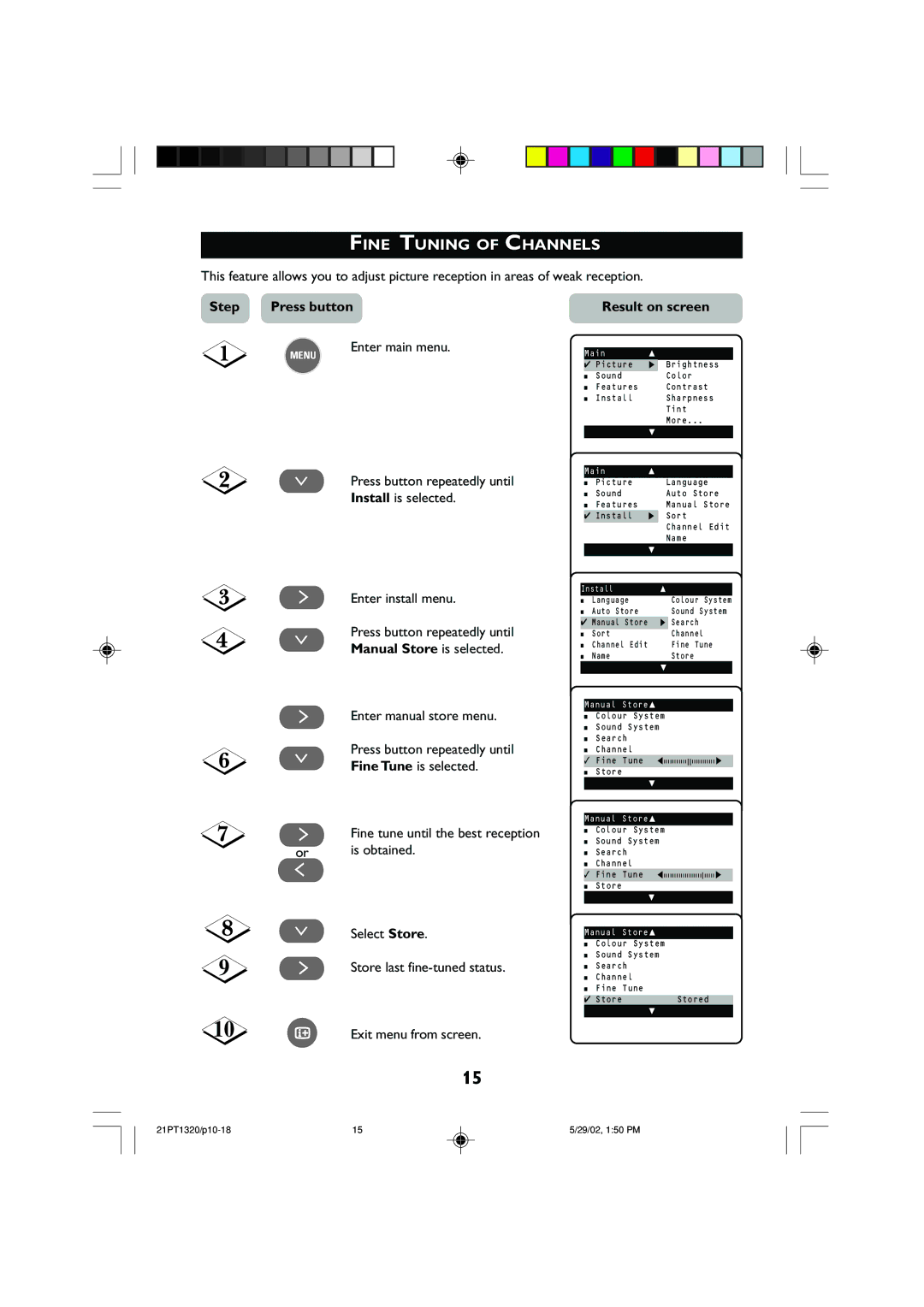 Philips 21PT1320 operating instructions Fine Tuning of Channels, Enter manual store menu 