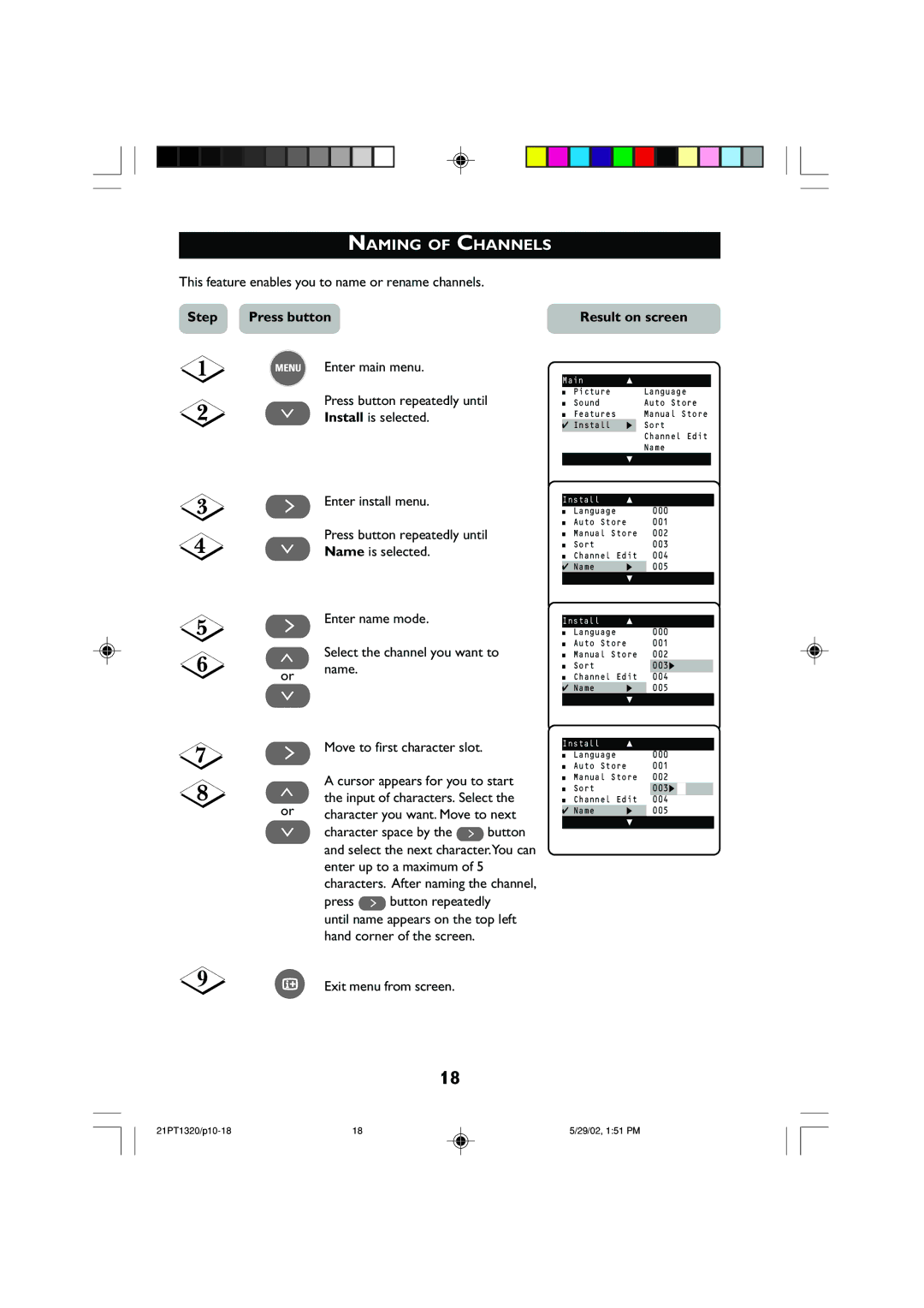 Philips 21PT1320 operating instructions Naming of Channels 