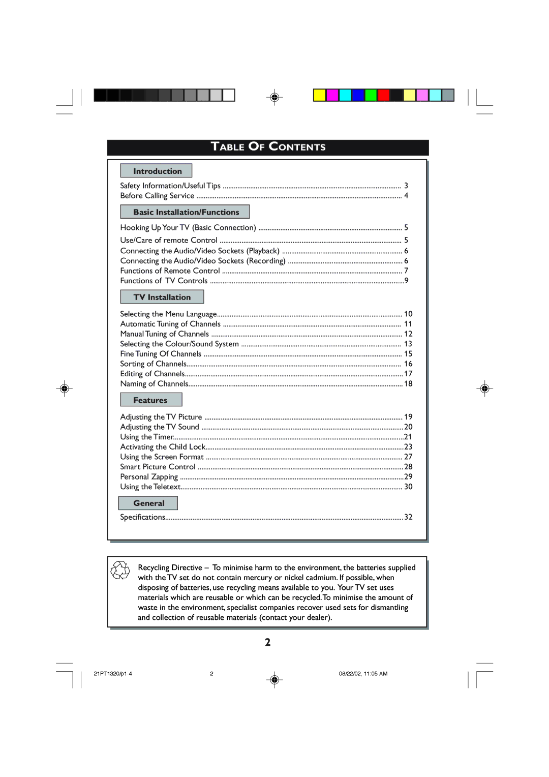 Philips 21PT1320 operating instructions Table of Contents 