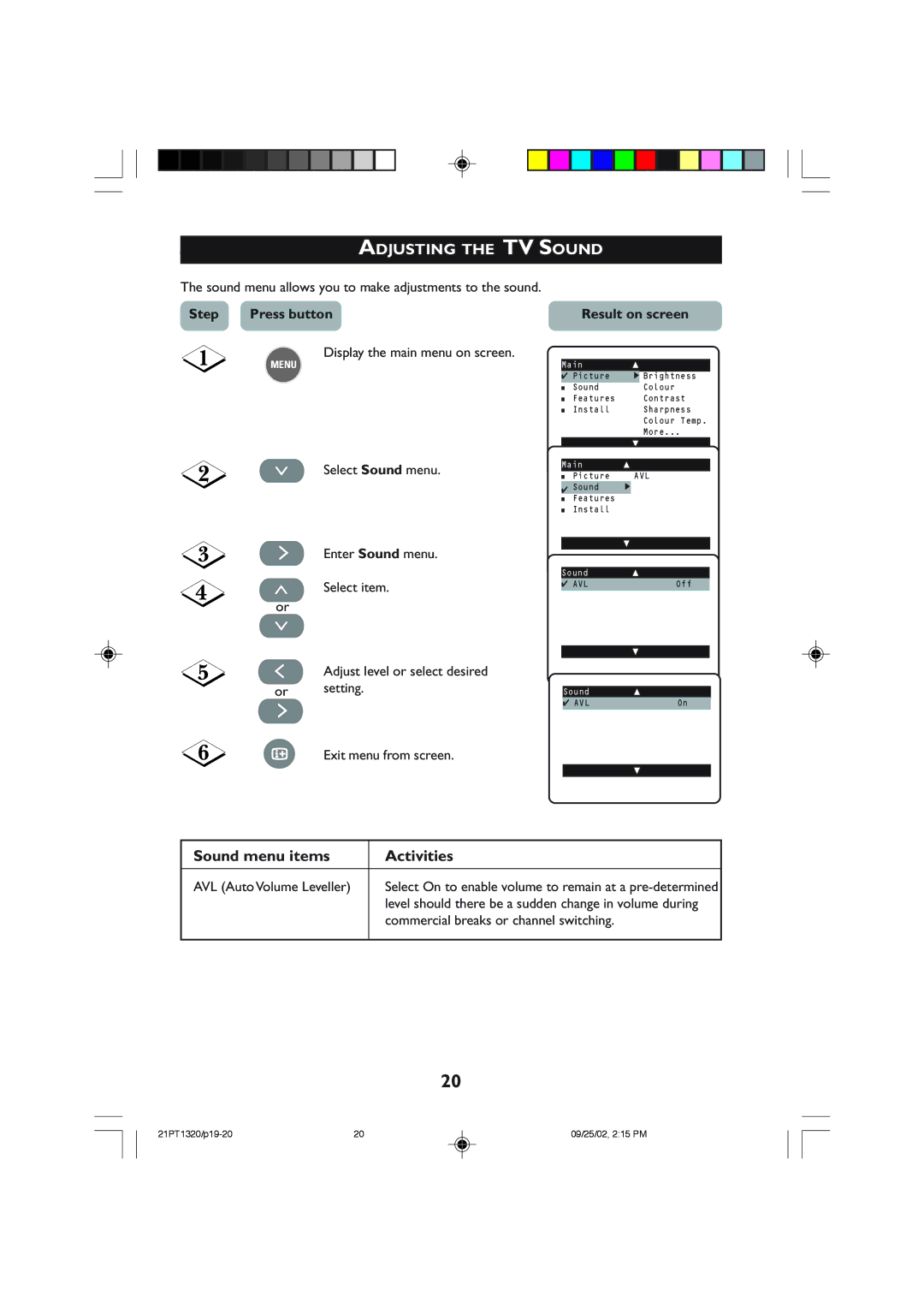 Philips 21PT1320 operating instructions Adjusting the TV Sound, Sound menu items Activities, AVL Auto Volume Leveller 