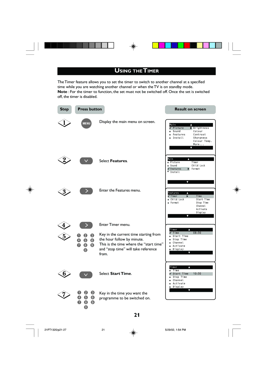 Philips 21PT1320 operating instructions Using Thetimer, Select Features, Enter the Features menu, Select Start Time 