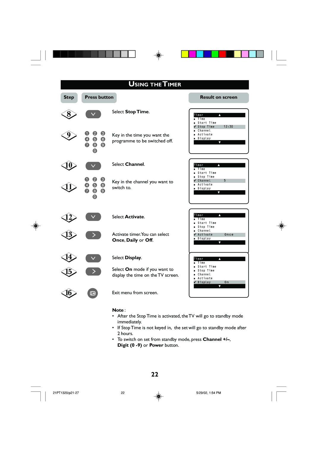 Philips 21PT1320 operating instructions Press button ¸ Select Stop Time, Switch to 