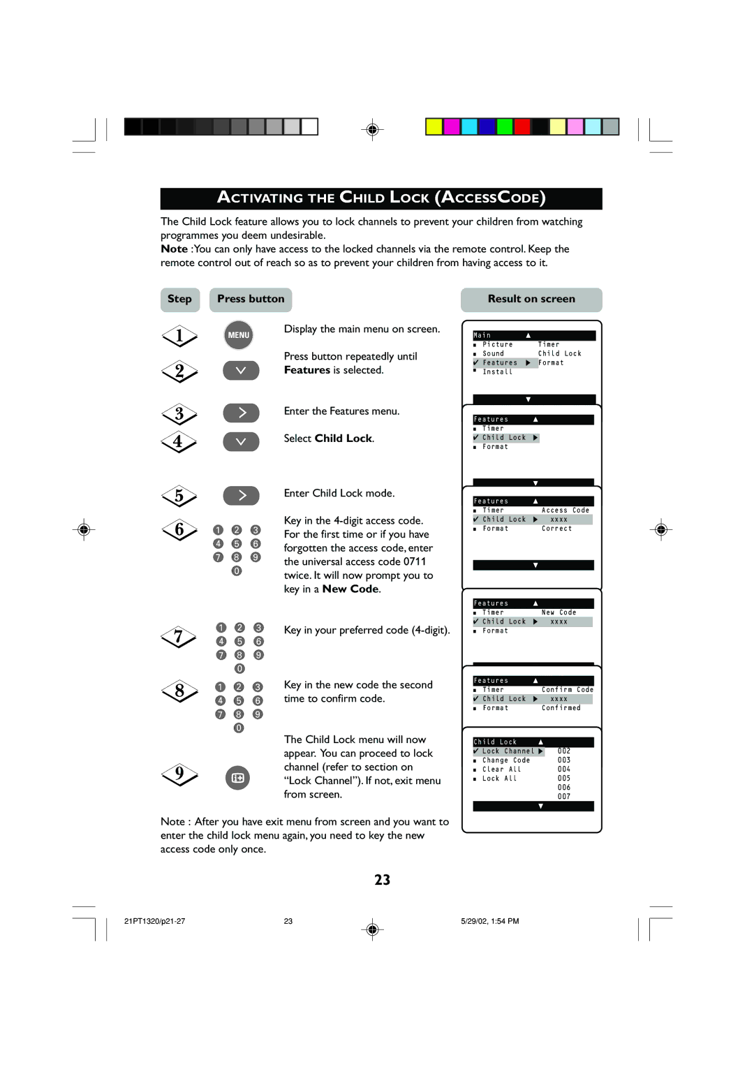 Philips 21PT1320 operating instructions Activating the Child Lock Accesscode, Select Child Lock, Enter Child Lock mode 