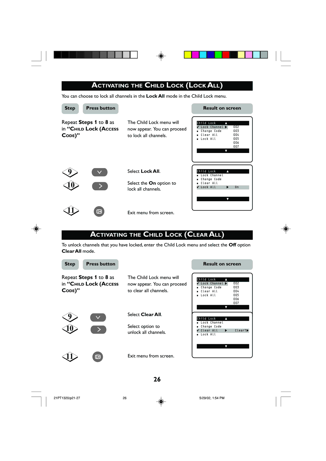 Philips 21PT1320 Activating the Child Lock Lock ALL, Activating the Child Lock Clear ALL, To lock all channels 