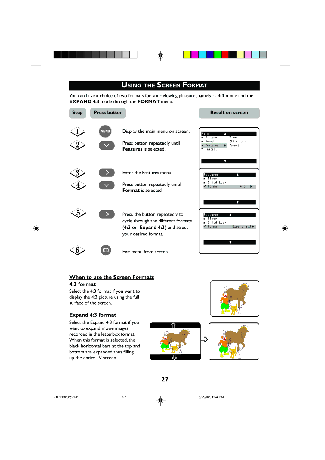 Philips 21PT1320 operating instructions Using the Screen Format, When to use the Screen Formats, Expand 43 format 