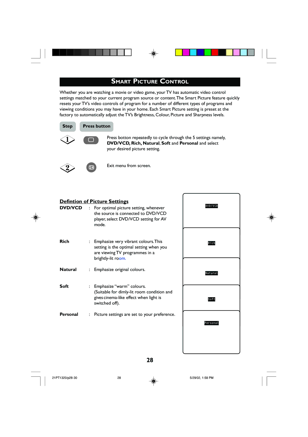 Philips 21PT1320 operating instructions Smart Picture Control, Defintion of Picture Settings 