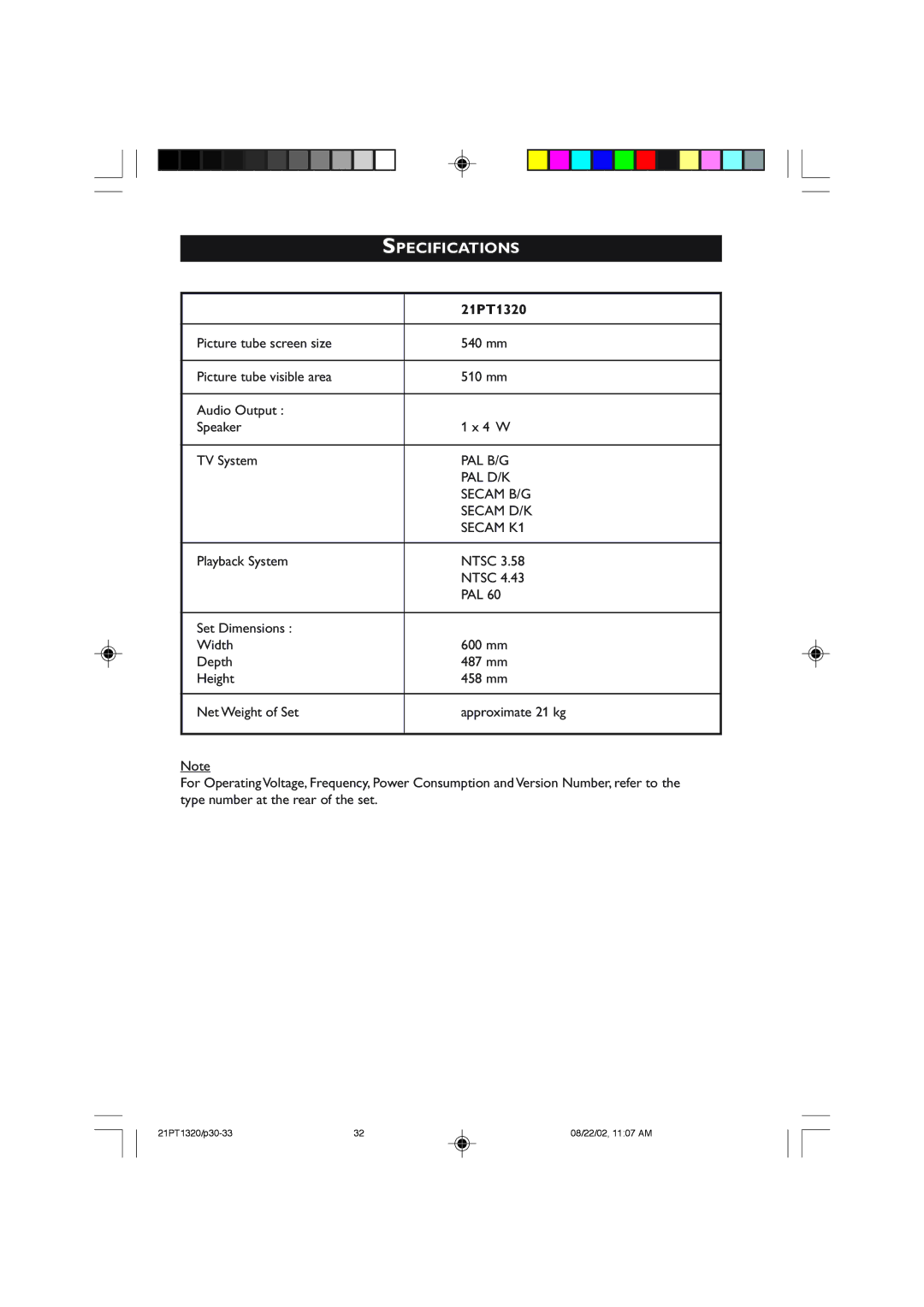 Philips 21PT1320 operating instructions Specifications 