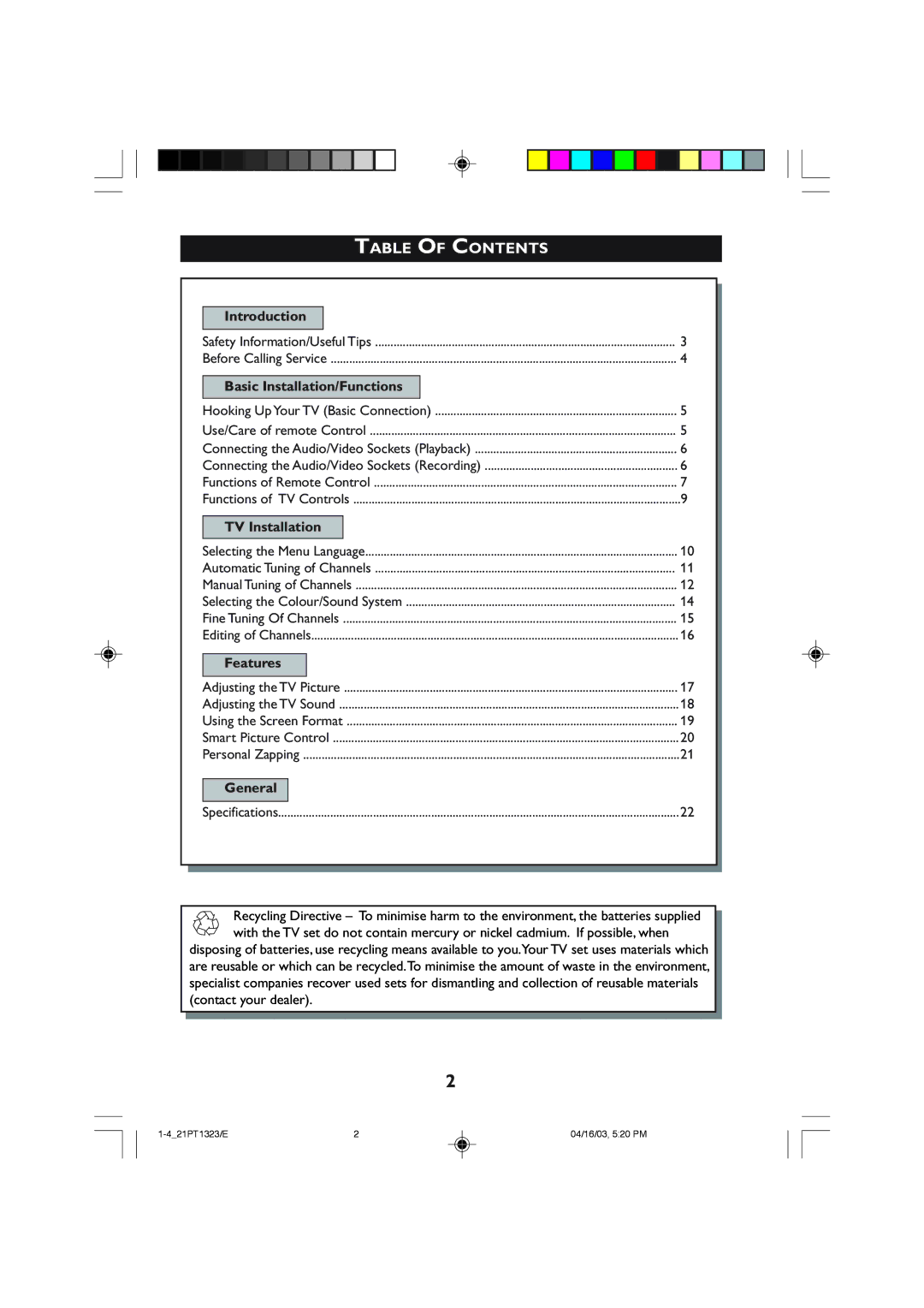 Philips 21PT1323 operating instructions Table of Contents 