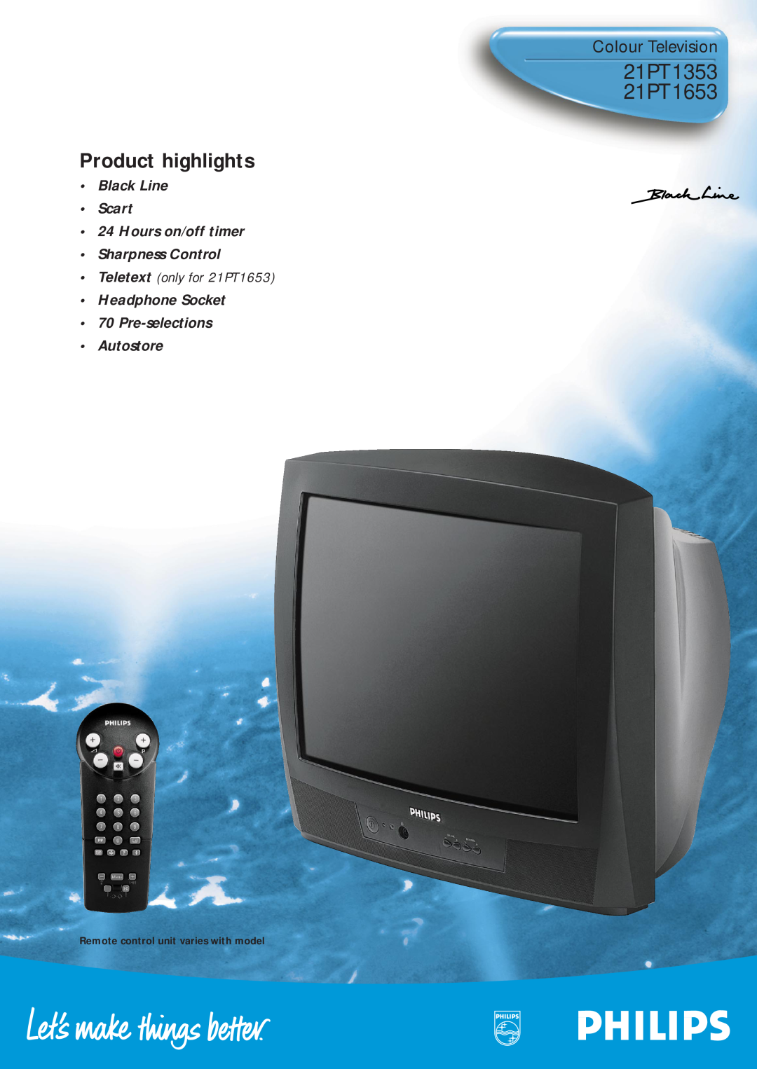 Philips manual 21PT1353 21PT1653, Product highlights, Colour Television, Teletext only for 21PT1653 