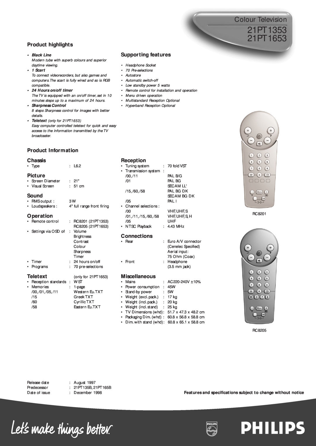 Philips 21PT1353 Product highlights, Supporting features, Product Information, Chassis, Reception, Picture, Sound, Scart 