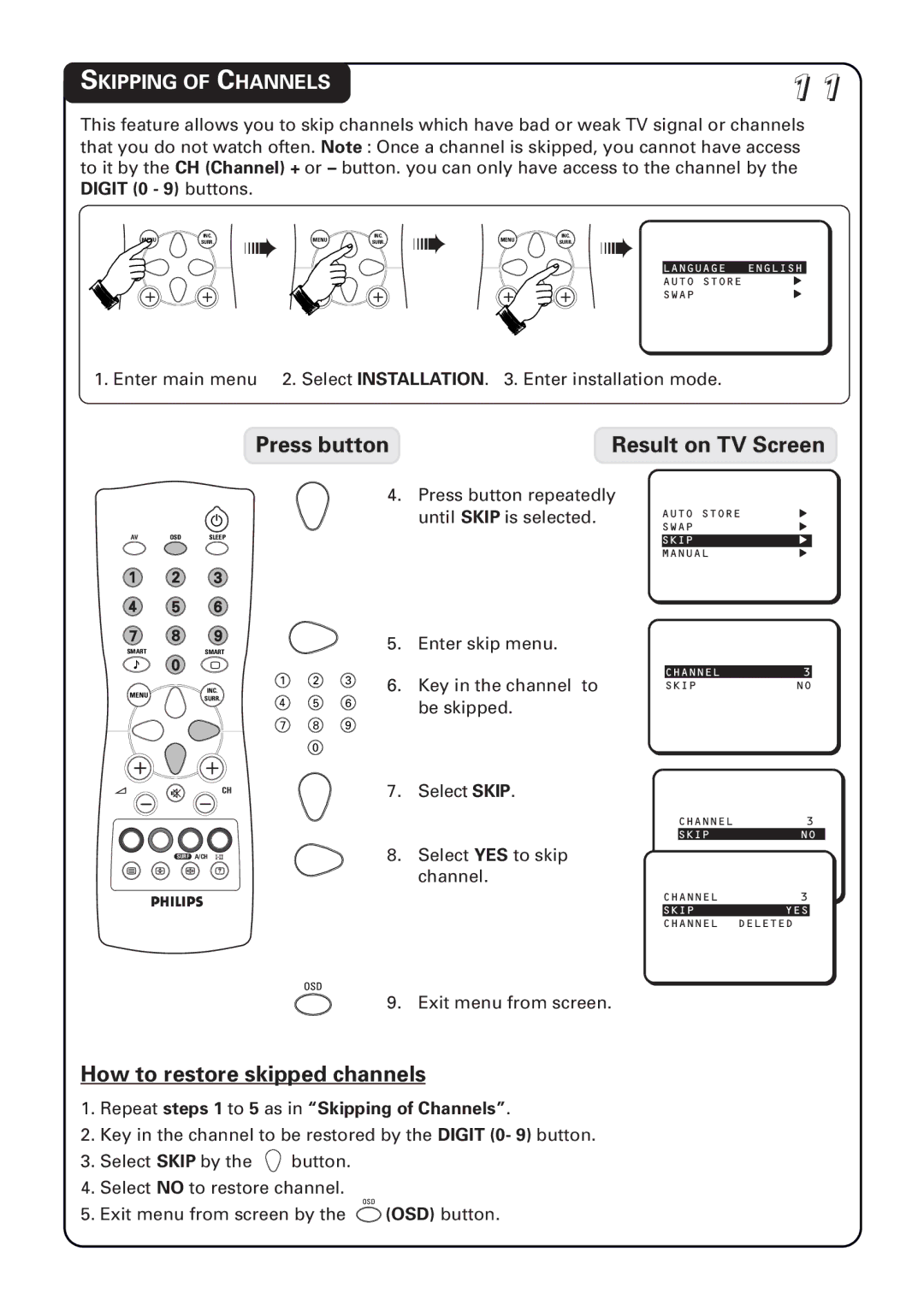 Philips 14PT1582, 21PT1582, 20PT1582 How to restore skipped channels, Repeat steps 1 to 5 as in Skipping of Channels 