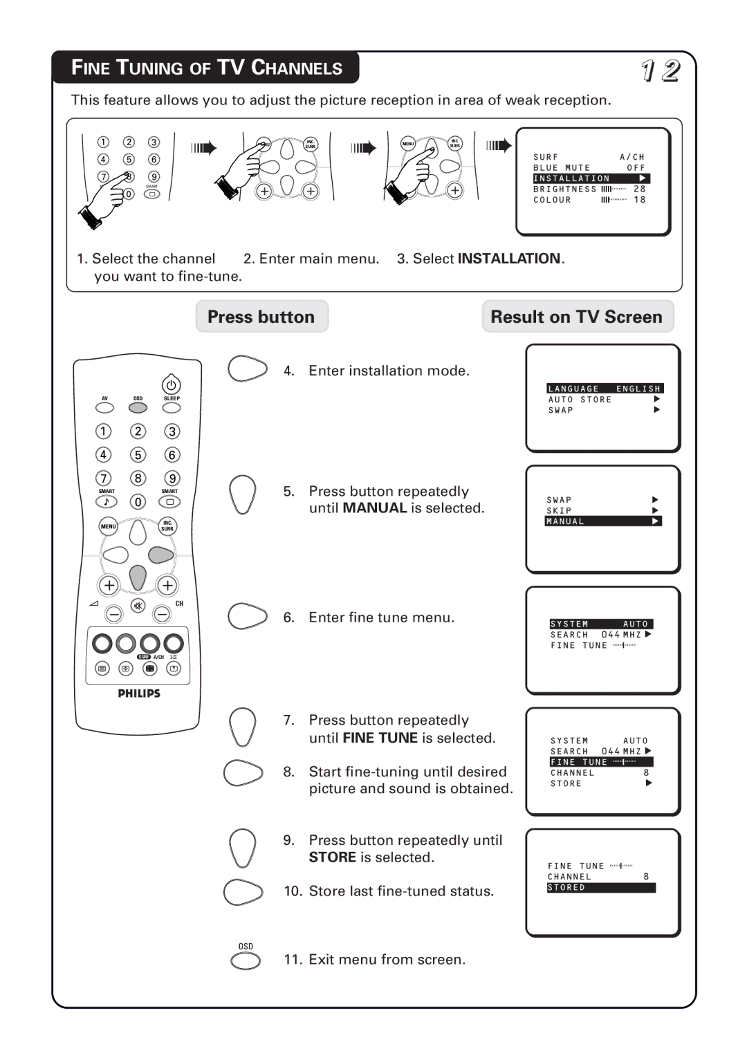 Philips 21PT1582, 20PT1582, 14PT1582 manual Fine Tuning of TV Channels, Select Installation 