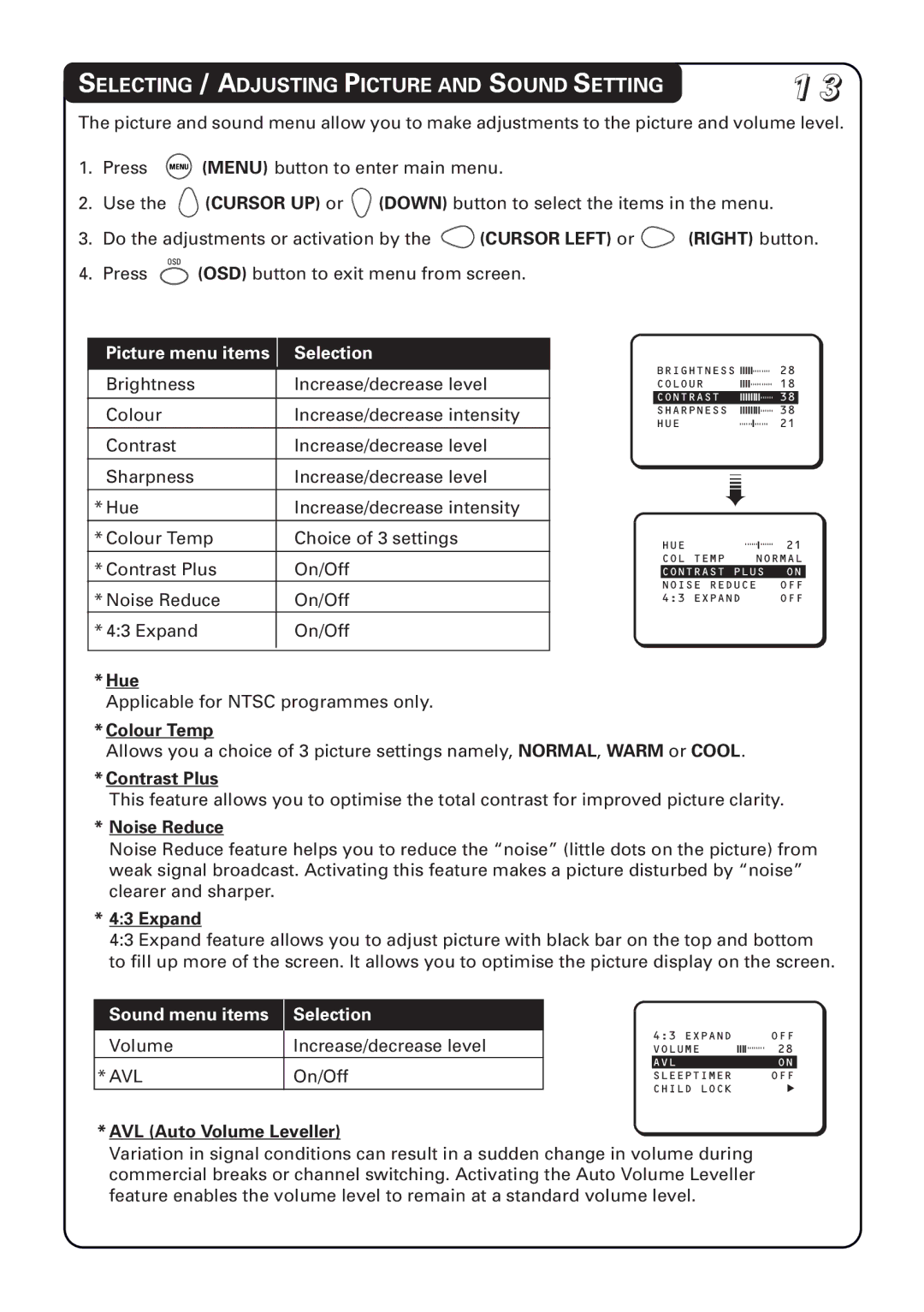 Philips 20PT1582, 21PT1582, 14PT1582 manual Selecting / Adjusting Picture and Sound Setting 