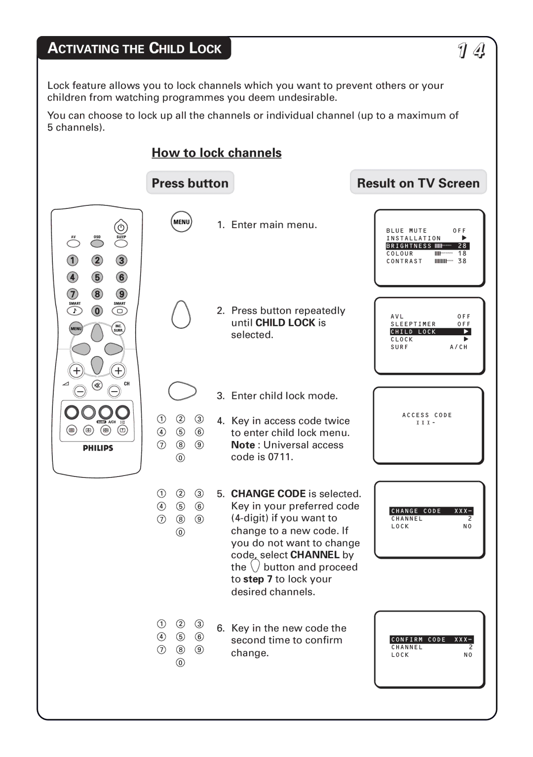 Philips 14PT1582, 21PT1582, 20PT1582 manual How to lock channels Press button Result on TV Screen, Activating the Child Lock 