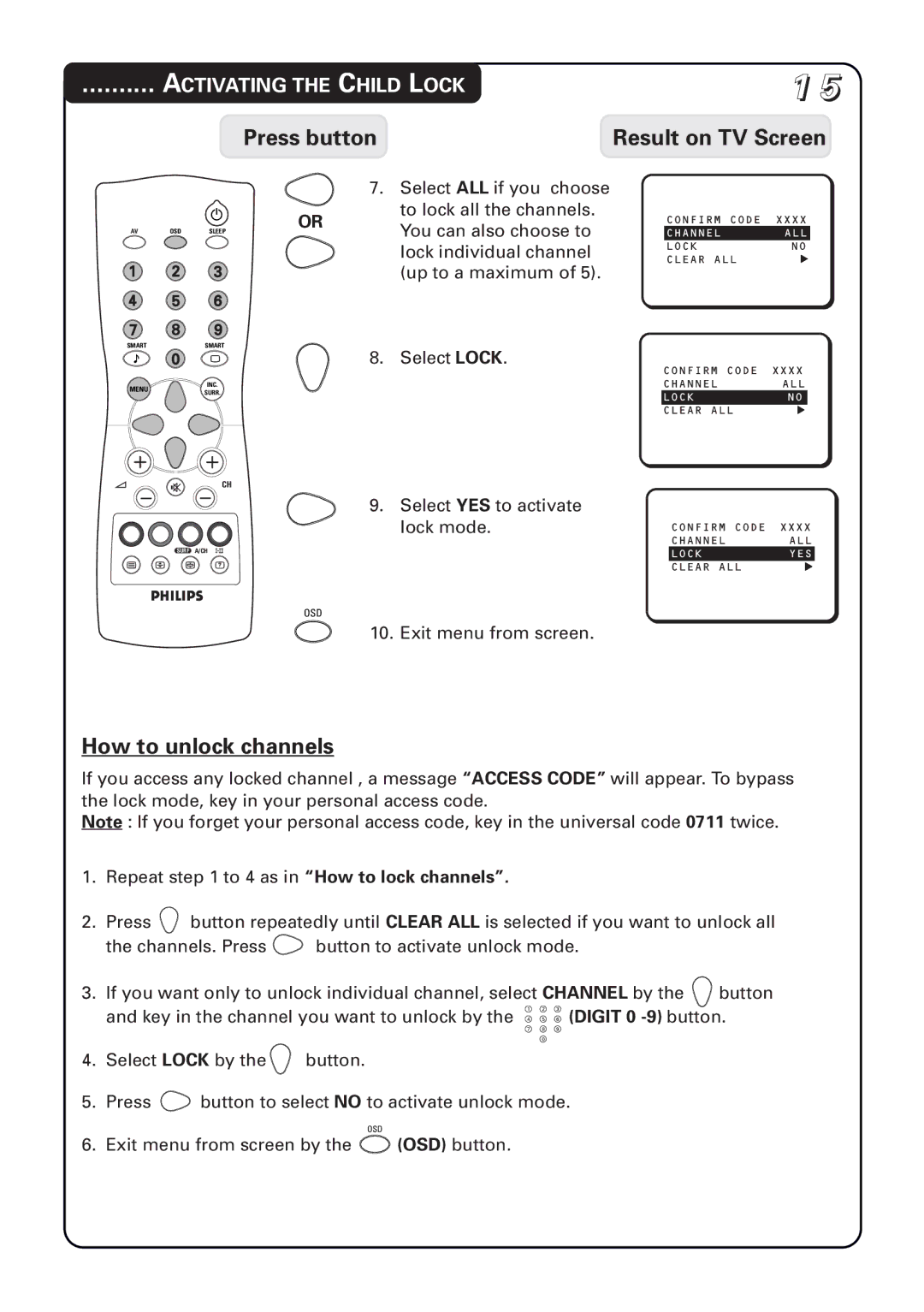 Philips 21PT1582, 20PT1582, 14PT1582 manual How to unlock channels, Digit 0 -9 button 