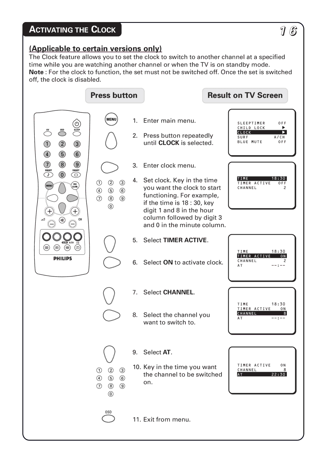 Philips 20PT1582, 21PT1582, 14PT1582 manual Applicable to certain versions only, Activating the Clock, Select Timer Active 