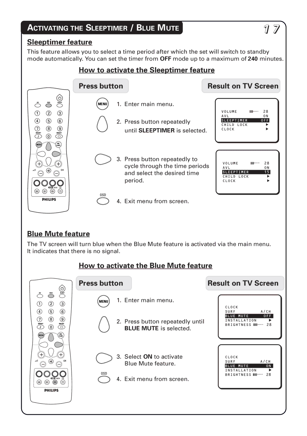 Philips 14PT1582, 21PT1582, 20PT1582 manual Sleeptimer feature, How to activate the Blue Mute feature Press button 