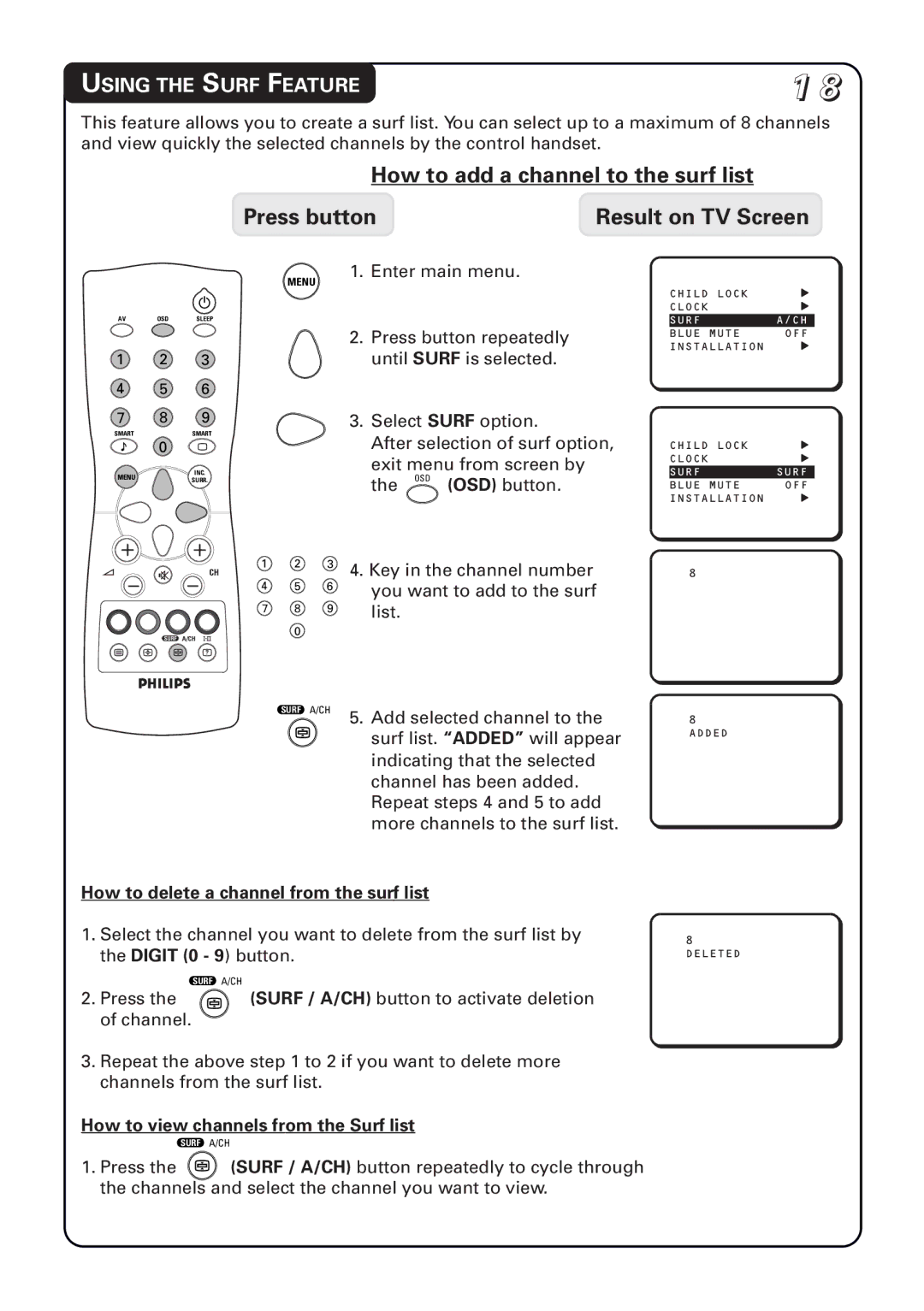 Philips 21PT1582, 20PT1582, 14PT1582 manual Using the Surf Feature, How to delete a channel from the surf list 