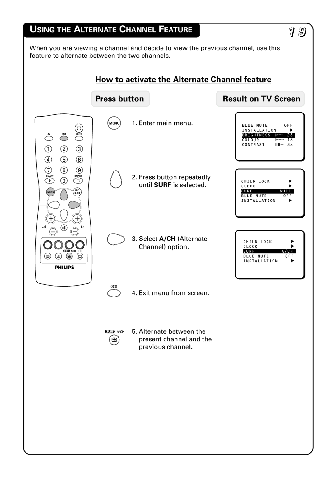 Philips 20PT1582, 21PT1582, 14PT1582 manual Using the Alternate Channel Feature 