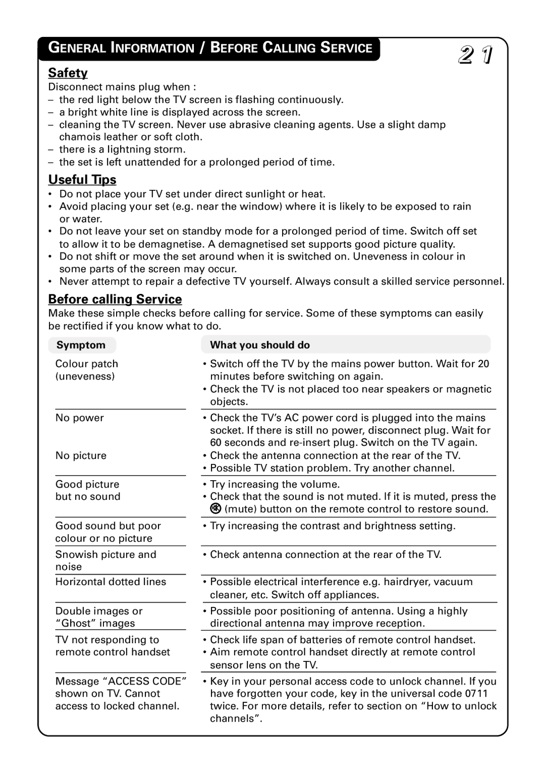 Philips 21PT1582, 20PT1582 manual Safety, Useful Tips, Before calling Service, General Information / Before Calling Service 