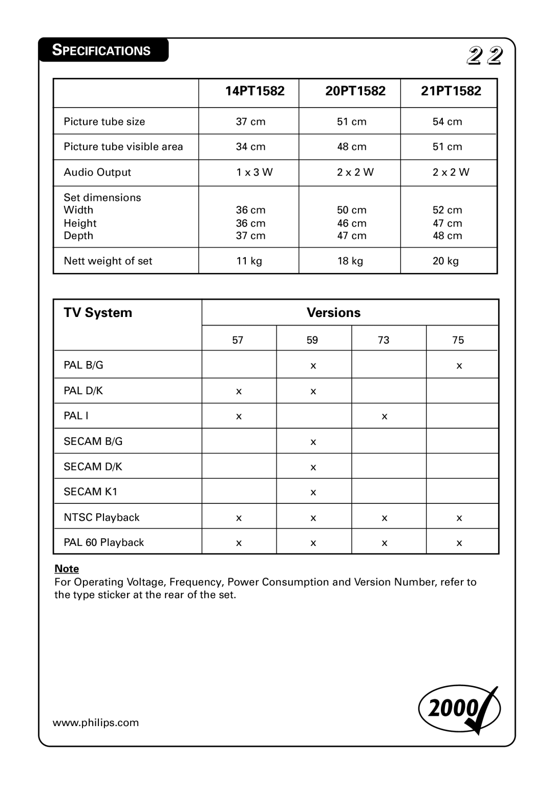 Philips manual 14PT1582 20PT1582 21PT1582, TV System Versions, Specifications 