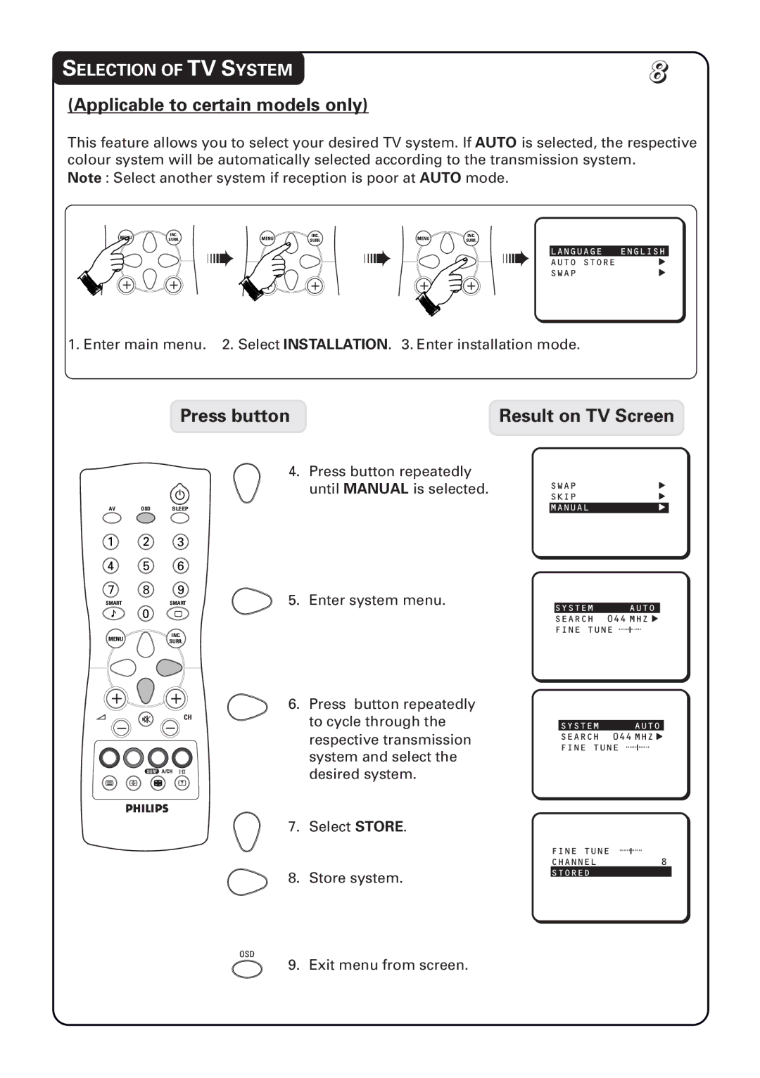 Philips 14PT1582, 21PT1582 Applicable to certain models only, Press button Result on TV Screen, Selection of TV System 