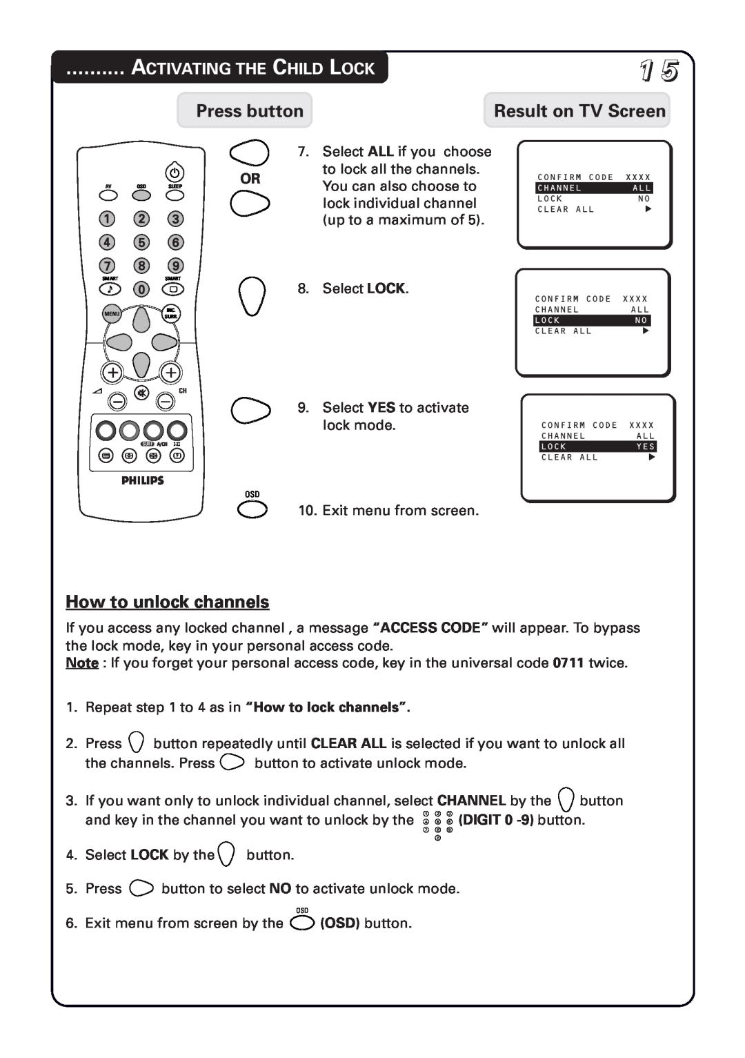 Philips 21PT1582 How to unlock channels, Press button, Result on TV Screen, Activating The Child Lock, DIGIT 0 -9 button 