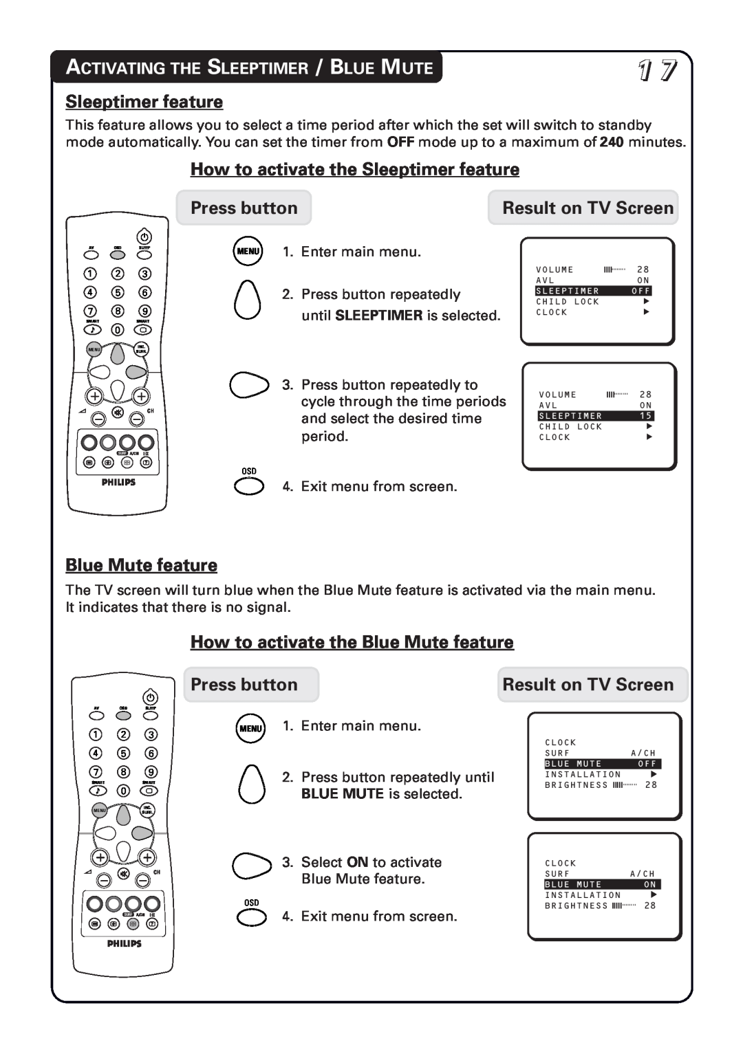 Philips 14PT1582 manual How to activate the Sleeptimer feature, How to activate the Blue Mute feature, Press button 