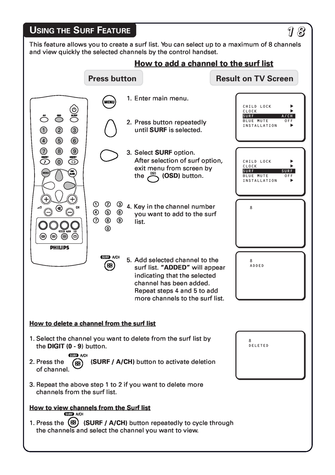 Philips 21PT1582 manual How to add a channel to the surf list, Using The Surf Feature, Press button, Result on TV Screen 