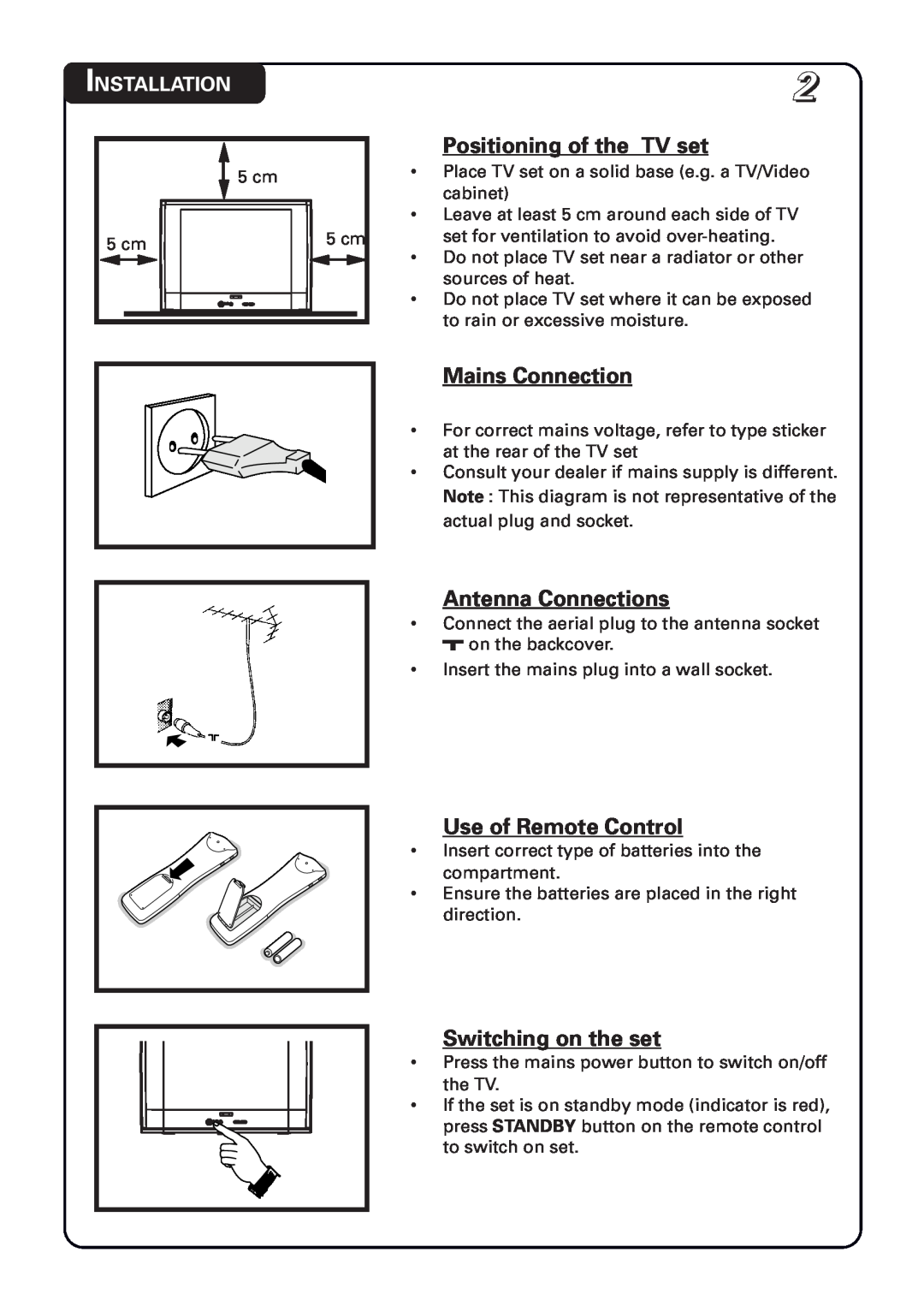 Philips 14PT1582 Positioning of the TV set, Mains Connection, Antenna Connections, Use of Remote Control, Installation 