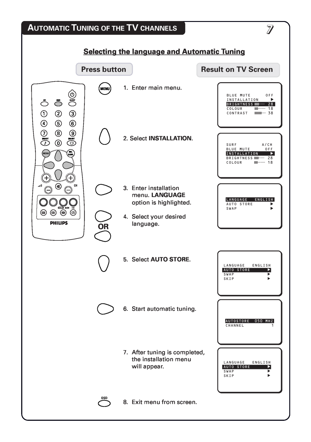 Philips 20PT1582, 21PT1582, 14PT1582 manual Selecting the language and Automatic Tuning, Press button, Result on TV Screen 