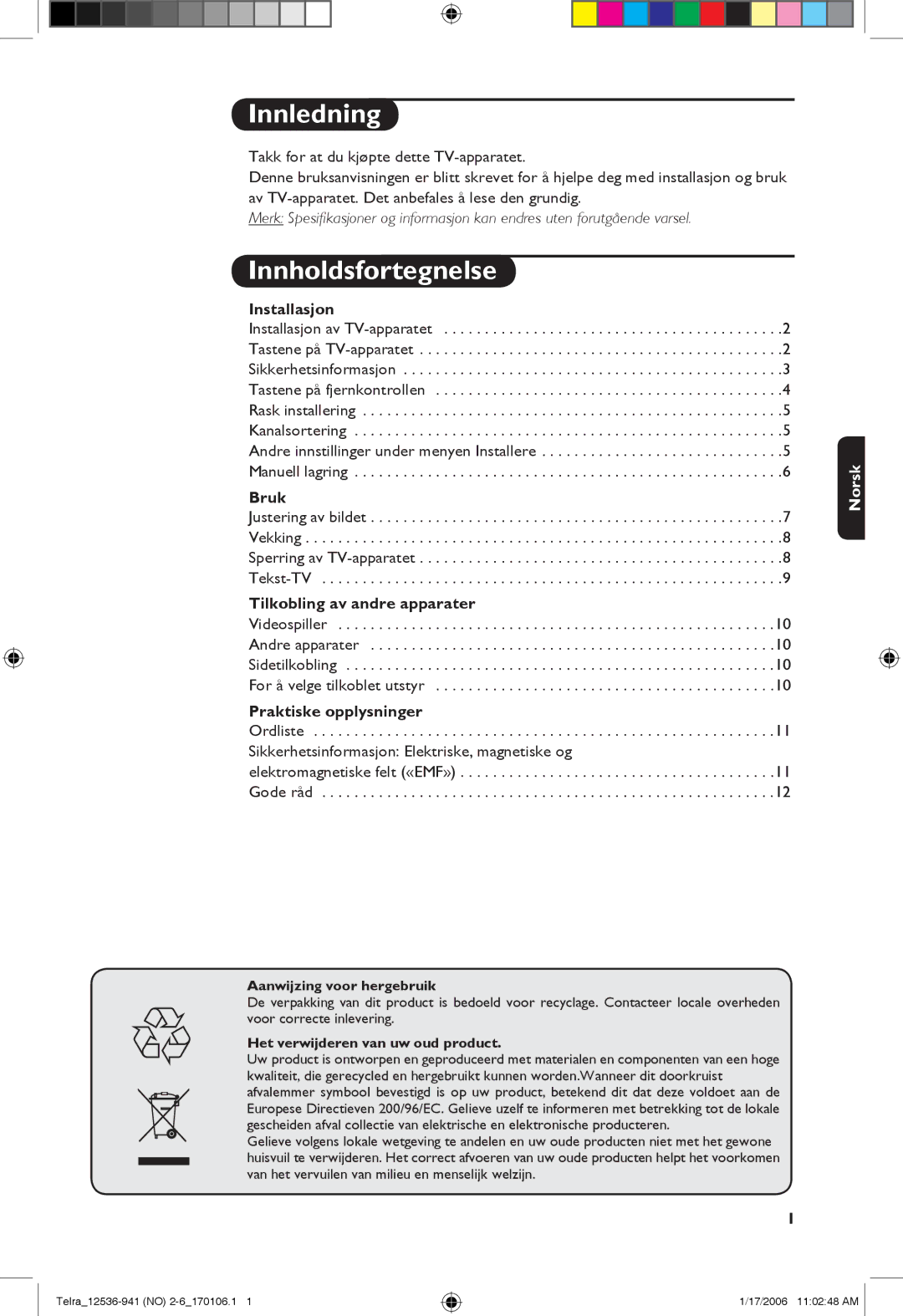 Philips 21PT1820, 14PT1501, 14PT1521 manual Innledning, Innholdsfortegnelse 