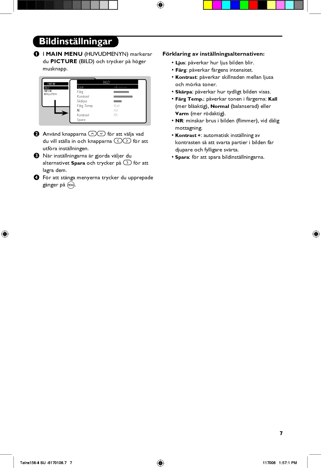 Philips 21PT1820, 14PT1501, 14PT1521 manual Bildinställningar, Förklaring av inställningsalternativen 