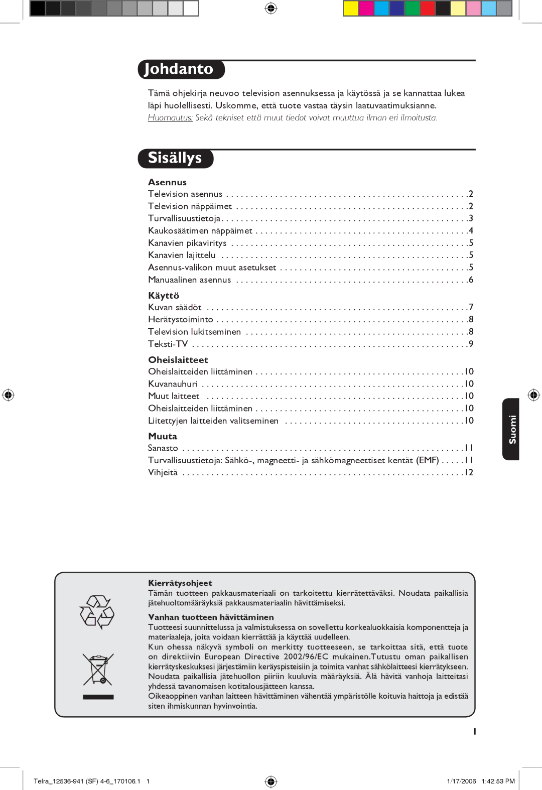 Philips 21PT1820, 14PT1501, 14PT1521 manual Johdanto, Sisällys 