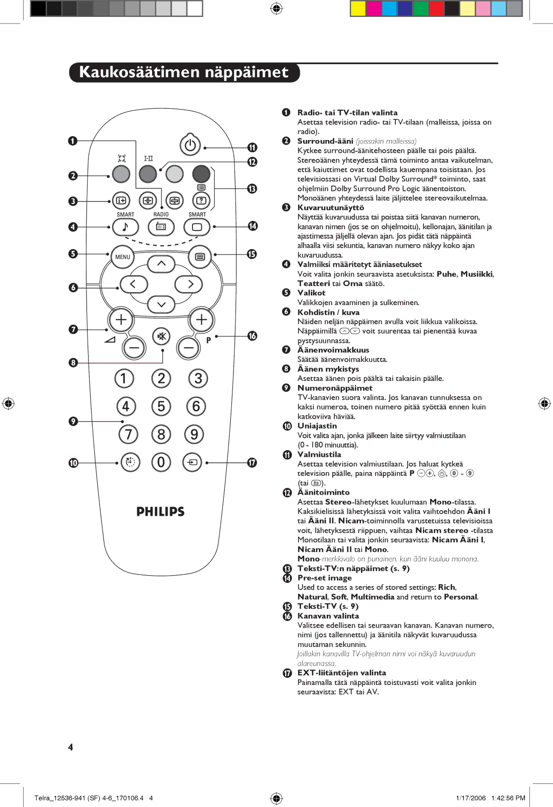 Philips 21PT1820, 14PT1501, 14PT1521 manual Kaukosäätimen näppäimet, Radio- tai TV-tilan valinta 