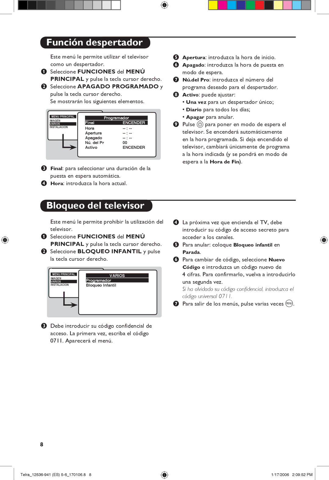 Philips 14PT1501, 21PT1820, 14PT1521 manual Función despertador, Bloqueo del televisor 