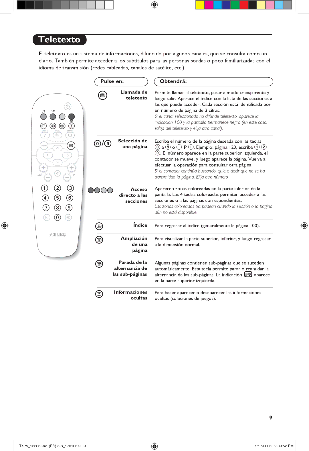 Philips 14PT1521, 21PT1820, 14PT1501 manual Teletexto, Pulse en, Obtendrá, Página 