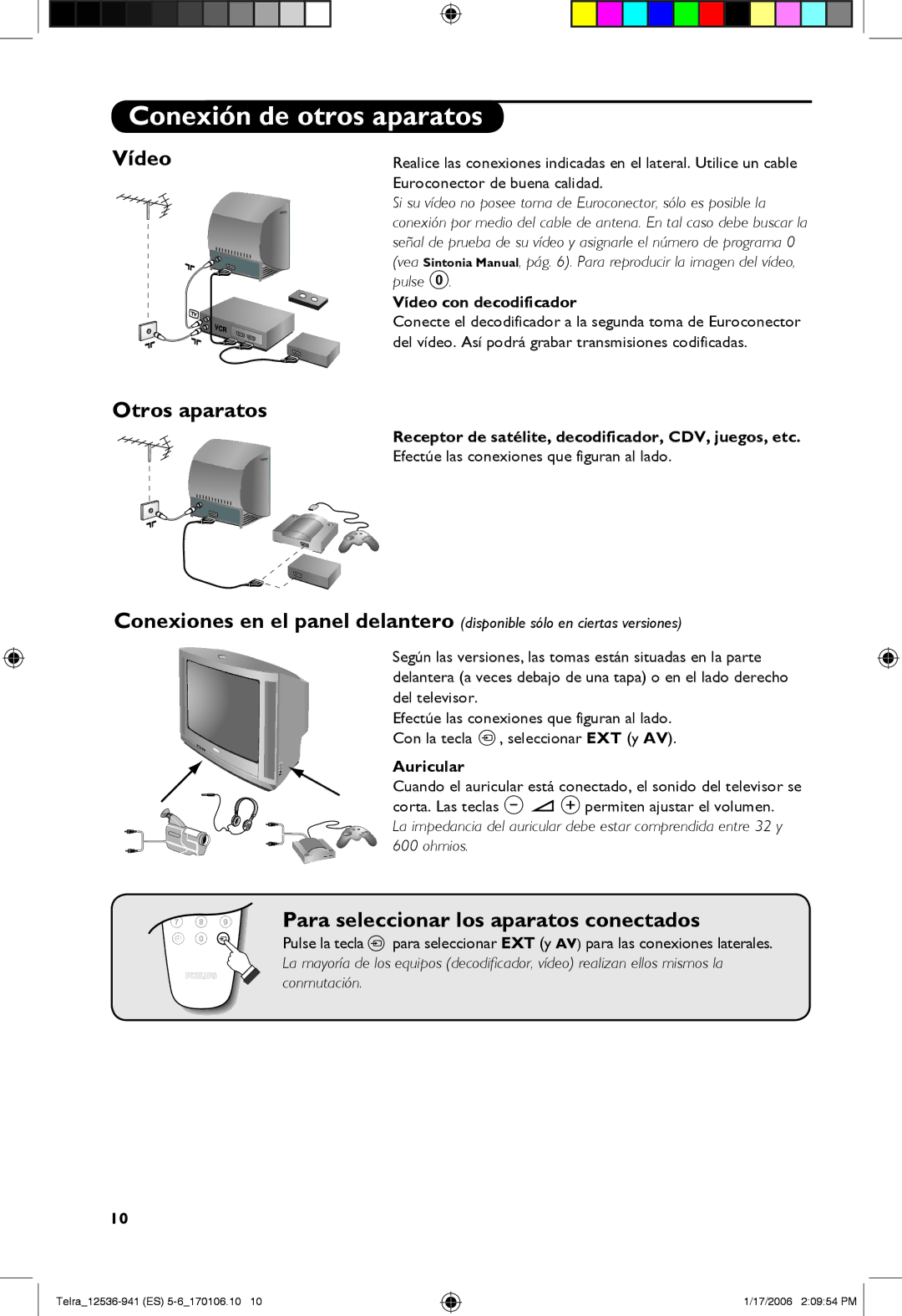 Philips 21PT1820 Conexión de otros aparatos, Vídeo Otros aparatos, Para seleccionar los aparatos conectados, Auricular 